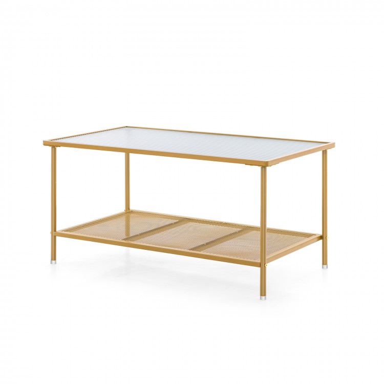 2-tier coffee table with a golden metal frame and tempered glass top, ideal for home or office use and easy to clean.