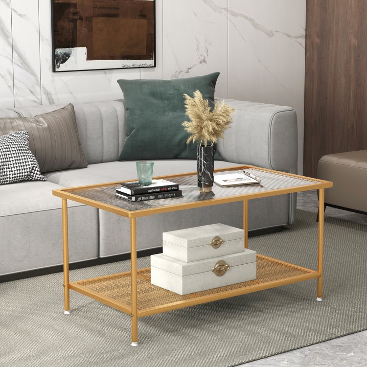 2-tier coffee table featuring a golden metal frame and stylish wavy tempered glass top, designed for versatile home.
