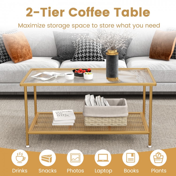2-tier coffee table with tempered glass top in golden finish, perfect for storing drinks and snacks in living rooms.