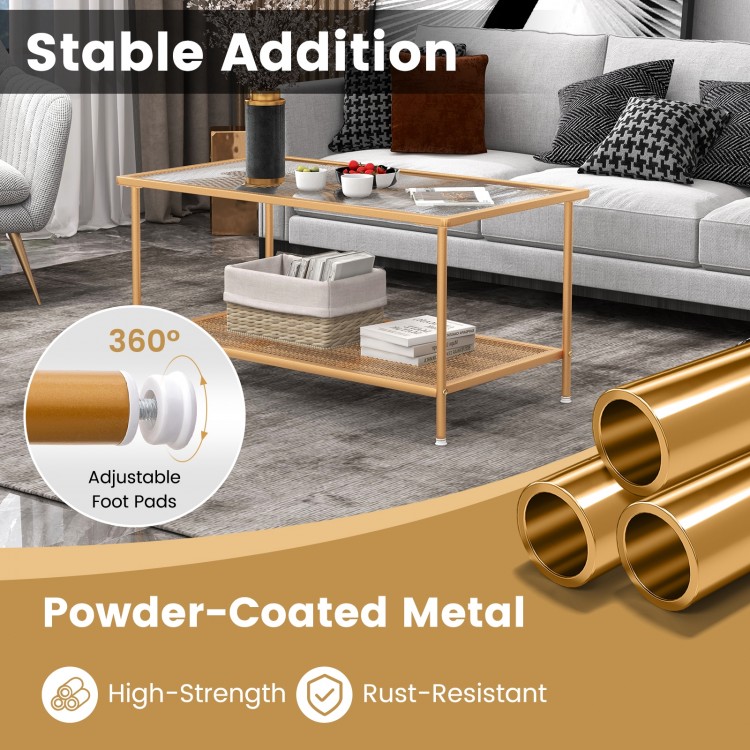 2-tier coffee table with tempered glass top and powder-coated metal, featuring adjustable foot pads for stability.