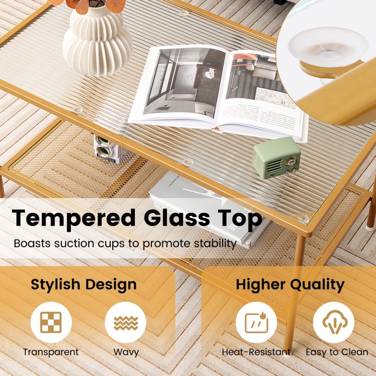 2-tier coffee table with a transparent tempered glass top, featuring a stylish wavy design and suction cups for.