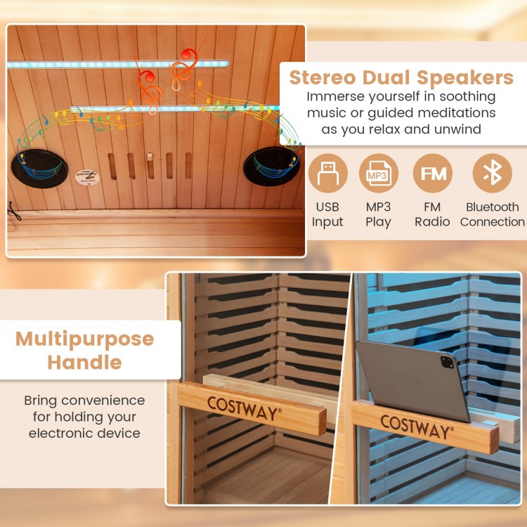 Single person far infrared wooden sauna with stereo dual speakers and multipurpose handle for enhanced relaxation.