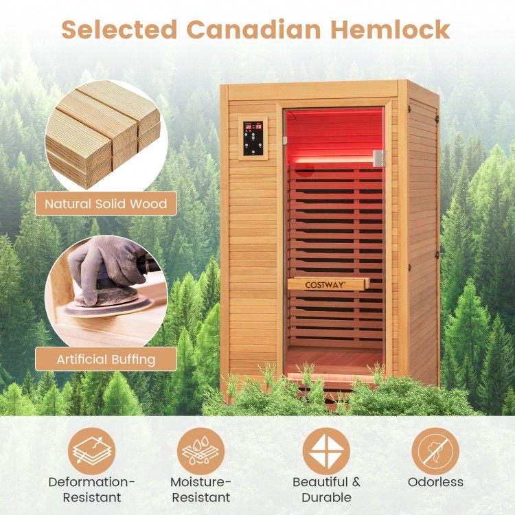 Single-person far infrared sauna made of Canadian hemlock, featuring a tempered glass door and dual control panels for.