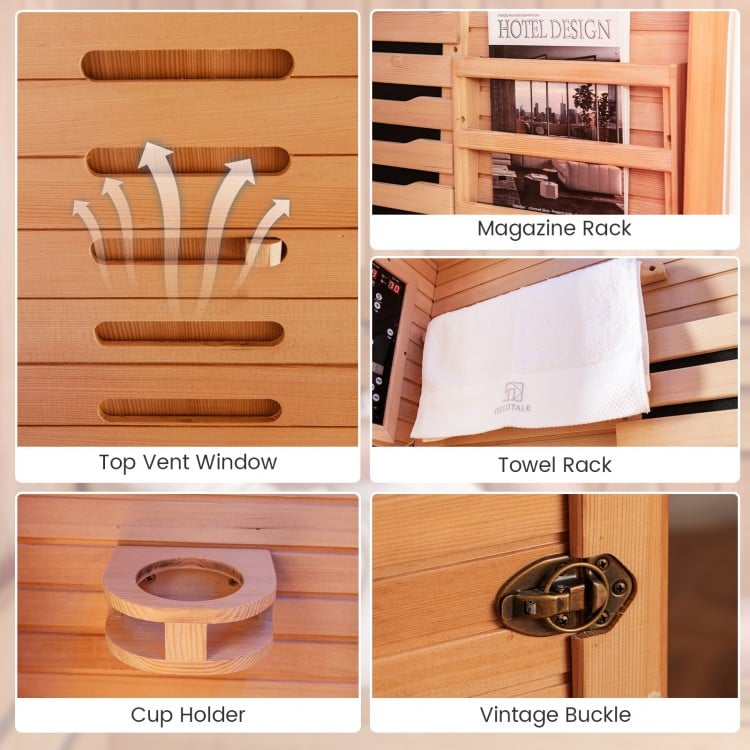 Single person far infrared sauna interior featuring a towel rack, magazine rack, and cup holder for convenience.
