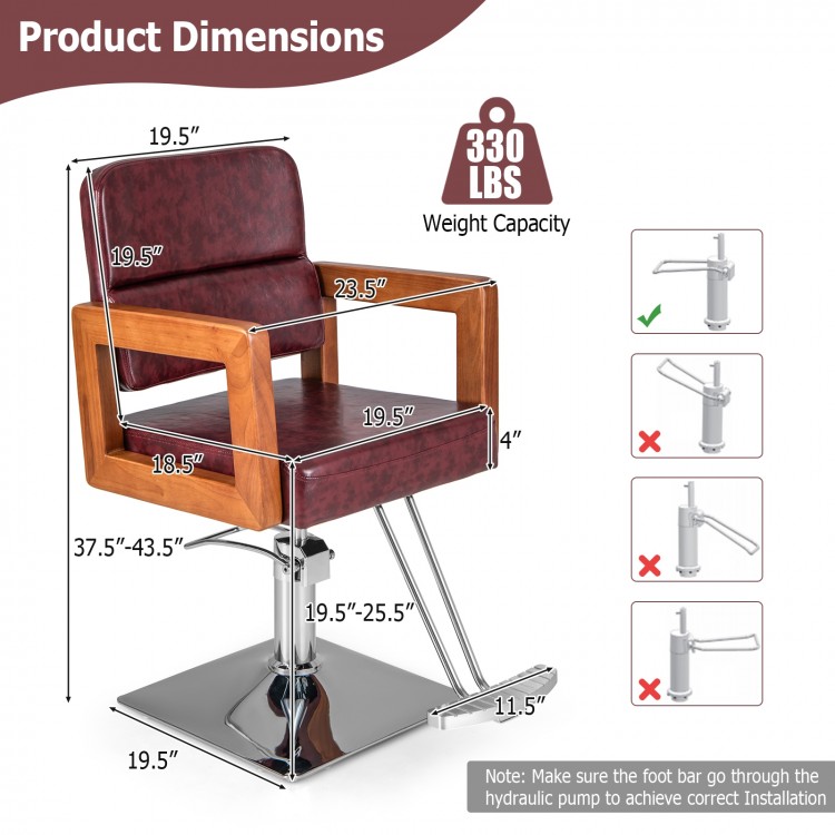 Red hydraulic barber chair with 360-degree swivel, adjustable headrest, and durable PVC leather for salon use.