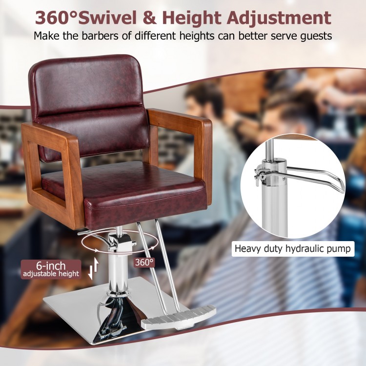 Hydraulic barber chair with 360-degree swivel, red PVC leather, and adjustable height for versatile styling needs.