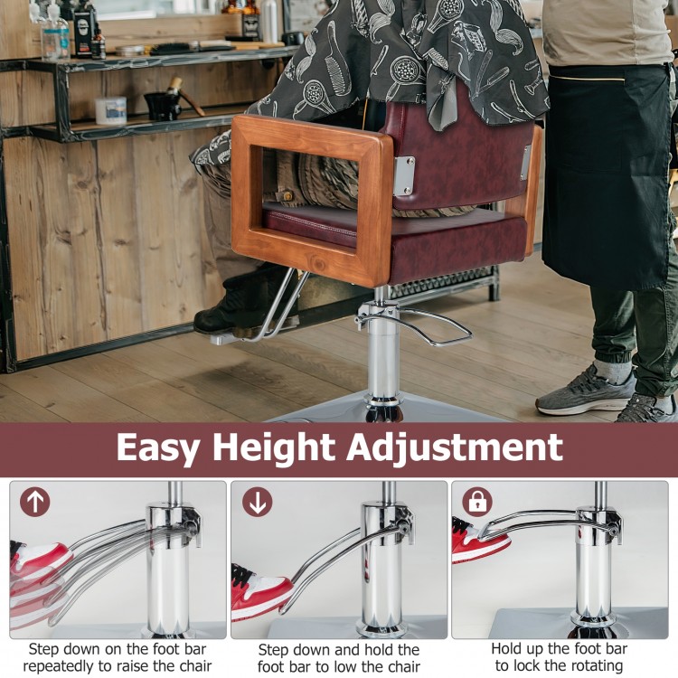 Hydraulic barber chair with red PVC leather, 360-degree swivel, and easy height adjustment for hairstylists.