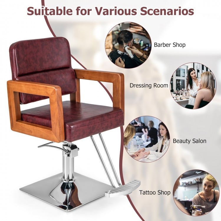 Hydraulic barber chair with red PVC leather, 360-degree swivel, and adjustable height for salon use.