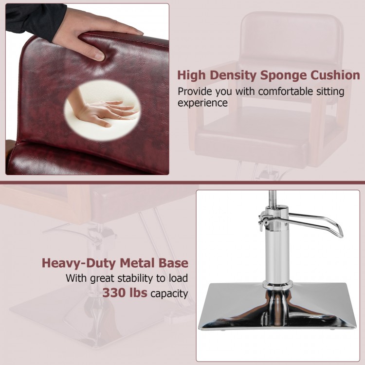 Hydraulic barber chair with high-density sponge cushion and heavy-duty metal base, perfect for hairstylists.