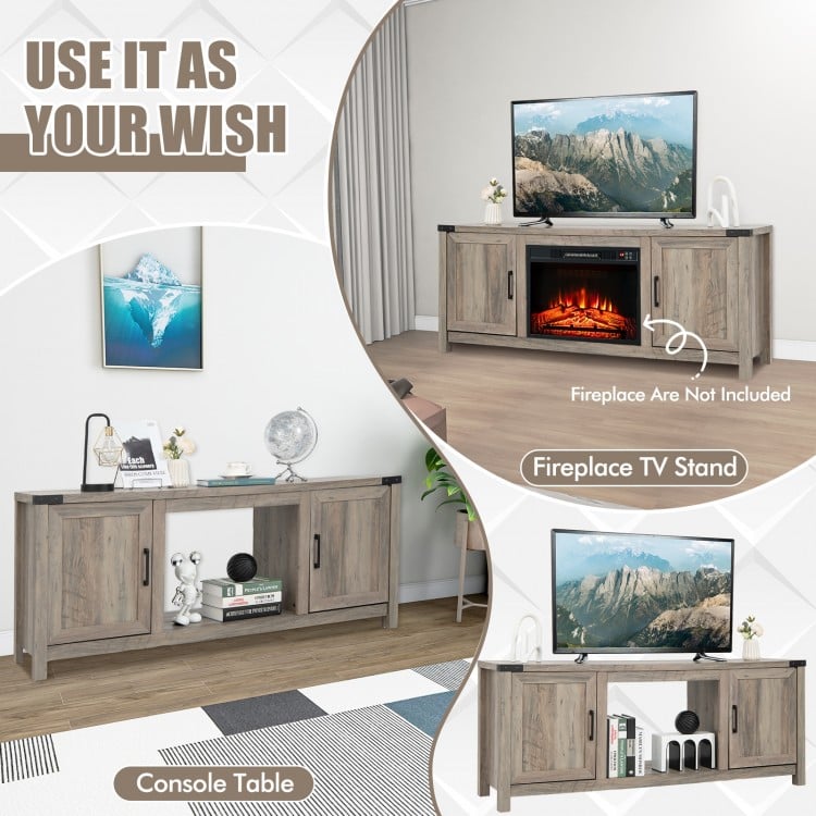 Electric fireplace TV stand with storage cabinets, designed for TVs up to 70 inches, featuring a farmhouse style.