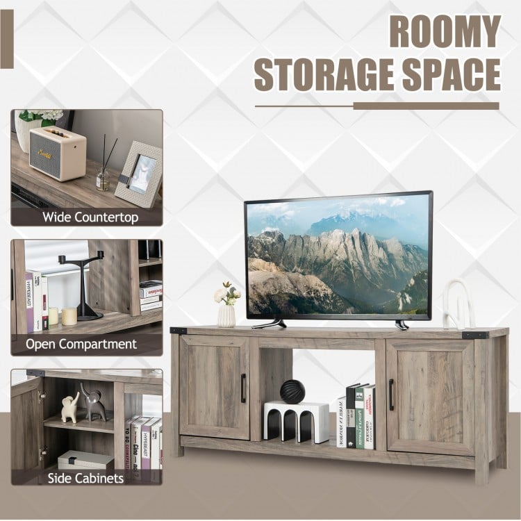 Electric fireplace TV stand with wide countertop, side cabinets, and open compartment for organized storage and.