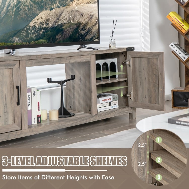 Electric fireplace TV stand with 3-level adjustable shelves, designed for TVs up to 70 inches, ideal for organized.