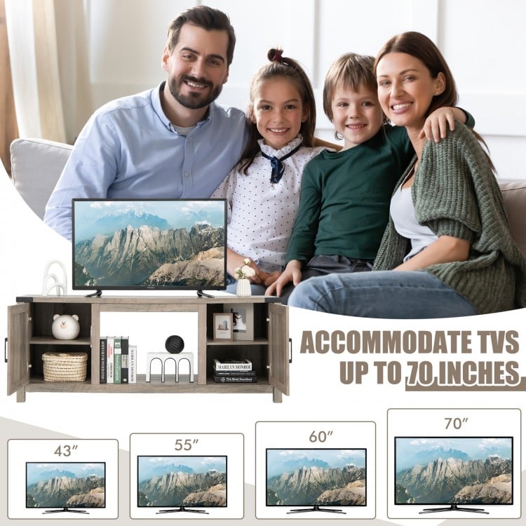 Electric fireplace TV stand with storage cabinets, accommodating TVs up to 70 inches, featuring adjustable shelves and.