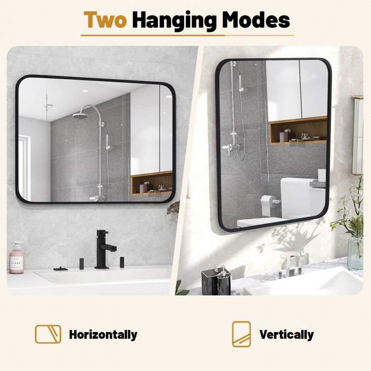 Rectangle wall-mounted mirror in matte black, showing two hanging modes for versatile installation in any room.