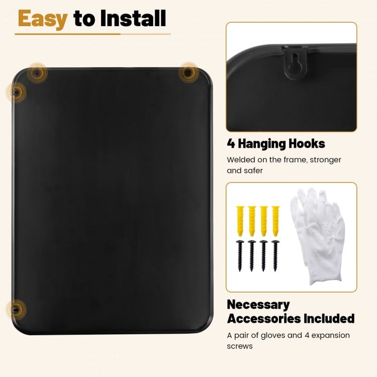 Close-up of the 24 x 32 inch minimalist wall-mounted mirror with a rustproof frame and 4 welded hanging hooks for easy.
