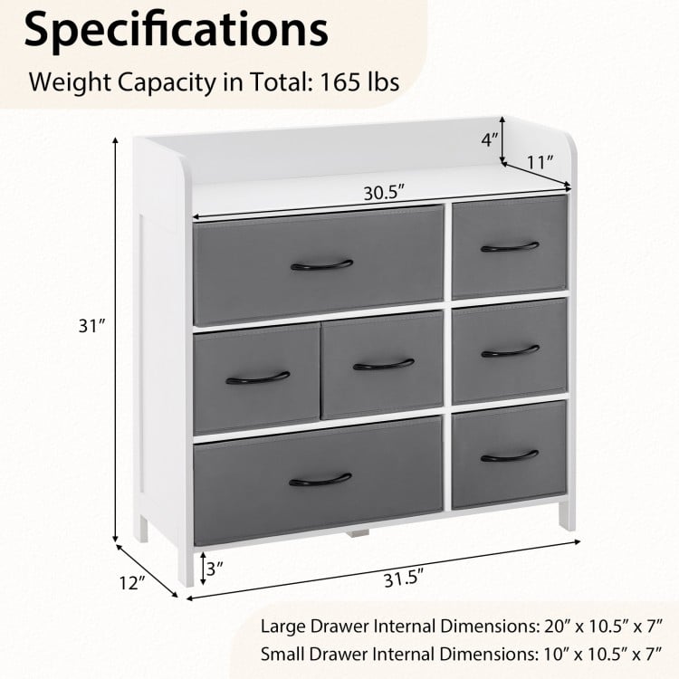 Fabric dresser with 7 drawers in white, featuring durable construction and spacious top for bedroom organization.