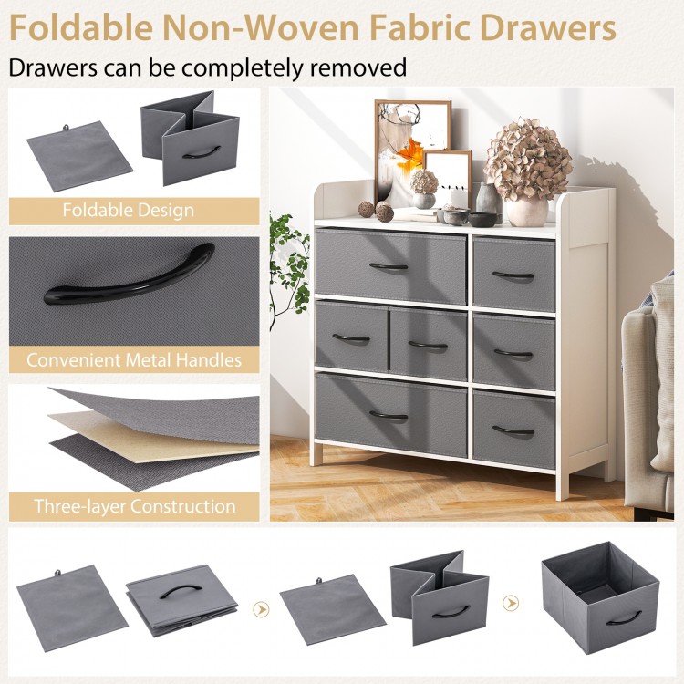 Foldable non-woven fabric drawers in gray with metal handles, designed for the white fabric dresser for bedroom.