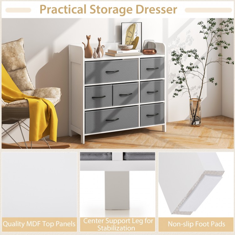 Fabric dresser with 7 drawers in white, featuring a spacious MDF top and durable metal construction for bedroom storage.