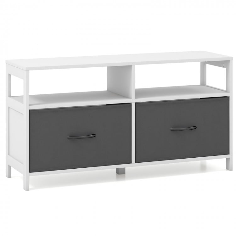 Fabric chest of drawers in white with 2 foldable drawers and 2 open shelves, ideal for TV storage and home organization.