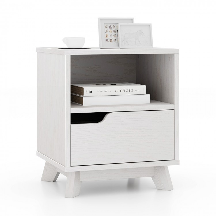 Mid Century Modern bedside table in white featuring a minimalist cut-out handle and sturdy feet, perfect for any.