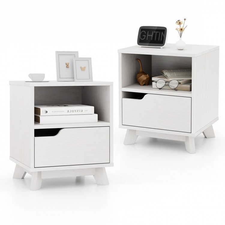Mid Century Modern bedside table in white with storage drawer and open shelf, perfect as a nightstand for essentials.