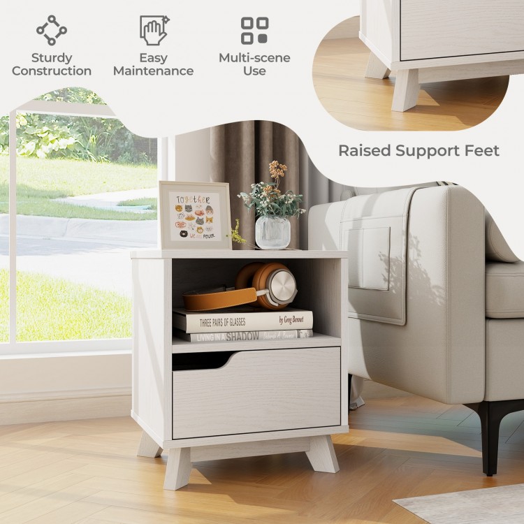 Mid Century Modern bedside table in white showcasing raised support feet, ideal for stylish and functional bedroom use.