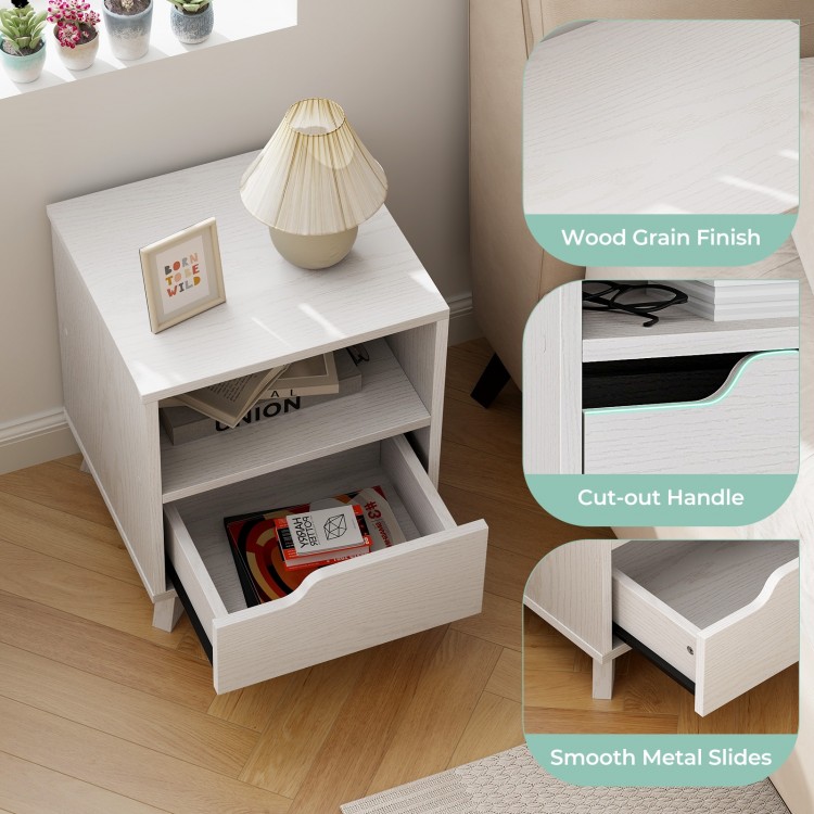 Mid Century Modern bedside table in white with wood grain finish, featuring a storage drawer and open shelf for.