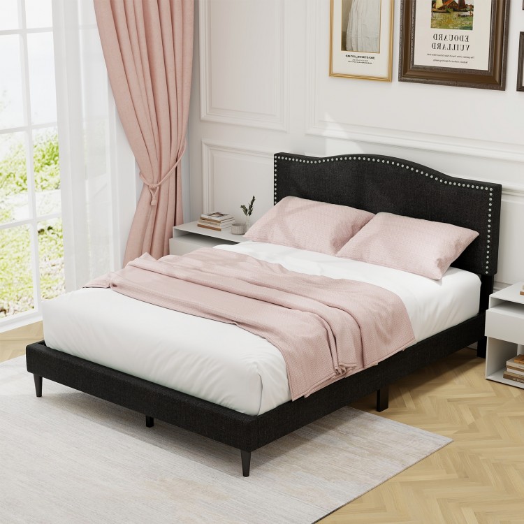 Queen size upholstered bed frame with nailhead trim headboard, featuring a sturdy design and cozy linen fabric for.