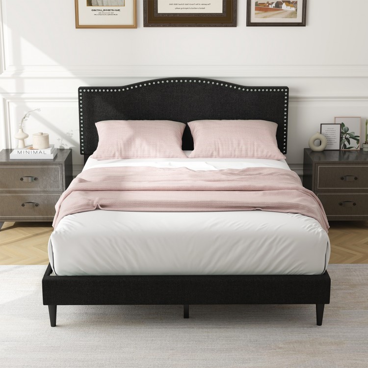 Queen size upholstered bed frame showcasing a stylish nailhead trim headboard, ideal for modern bedrooms with cozy.