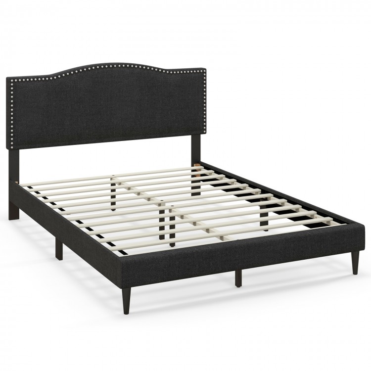 Queen size upholstered bed frame with nailhead trim headboard, featuring wooden slats and under-bed storage for.