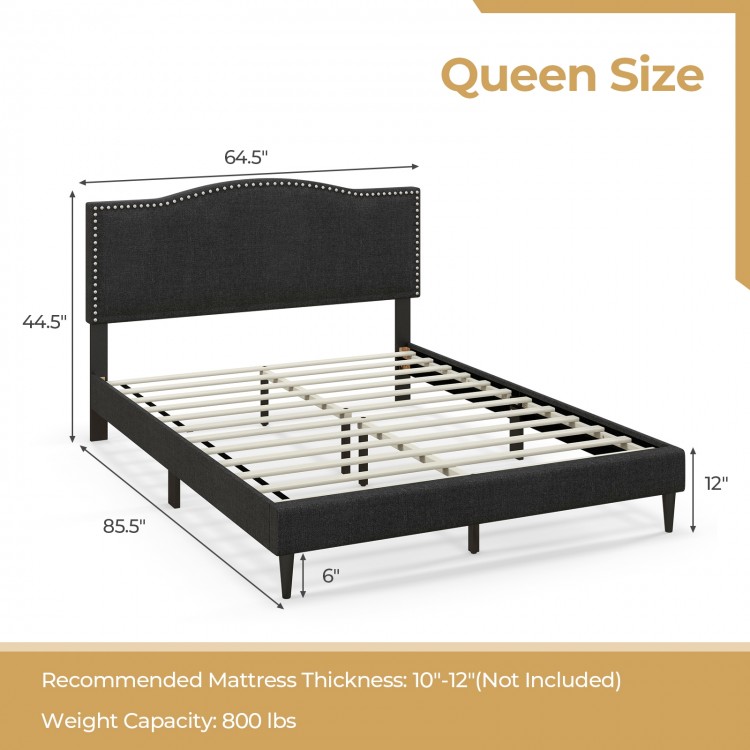 Queen size upholstered bed frame with nailhead trim headboard, featuring sturdy wooden slats and under-bed storage.