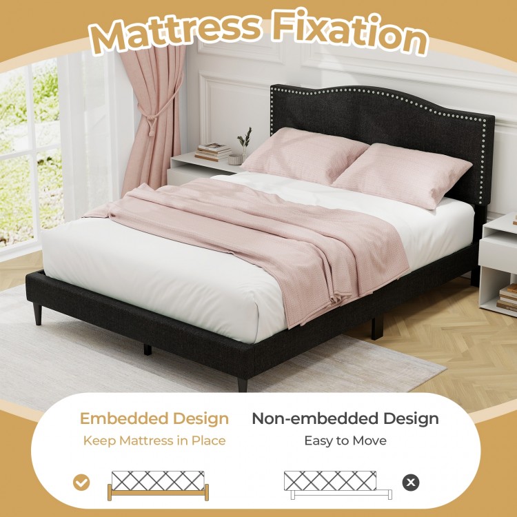 Queen size upholstered bed frame with nailhead trim, featuring embedded design for mattress stability and under-bed.