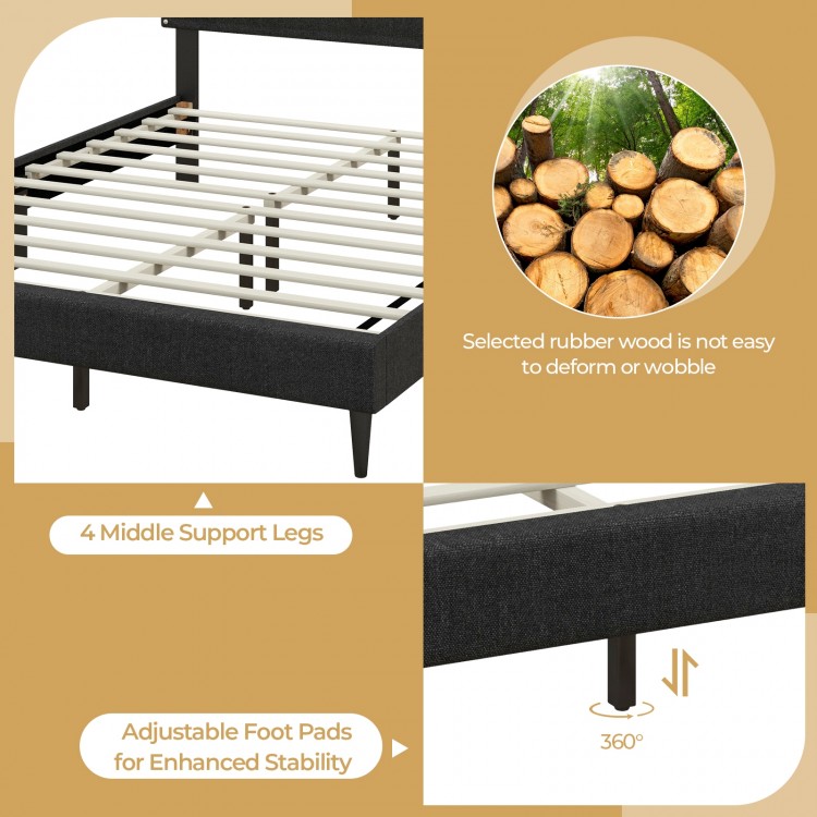 Queen size upholstered bed frame featuring a nailhead trim headboard, 4 support legs, and adjustable foot pads for.