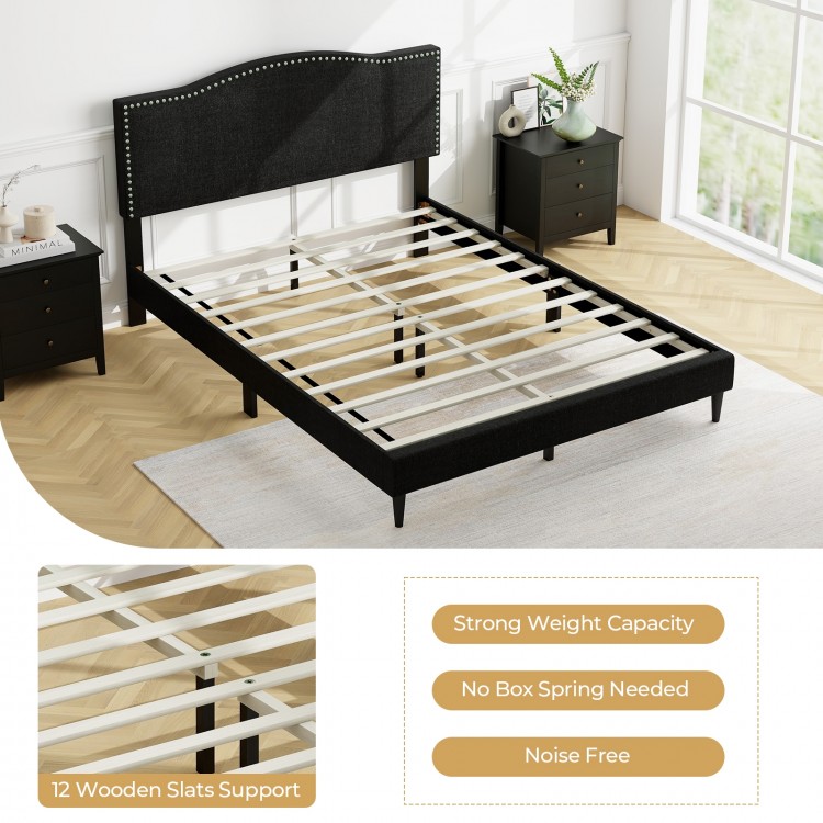 Queen size upholstered bed frame with nailhead trim headboard, featuring 12 wooden slats for strong mattress support.
