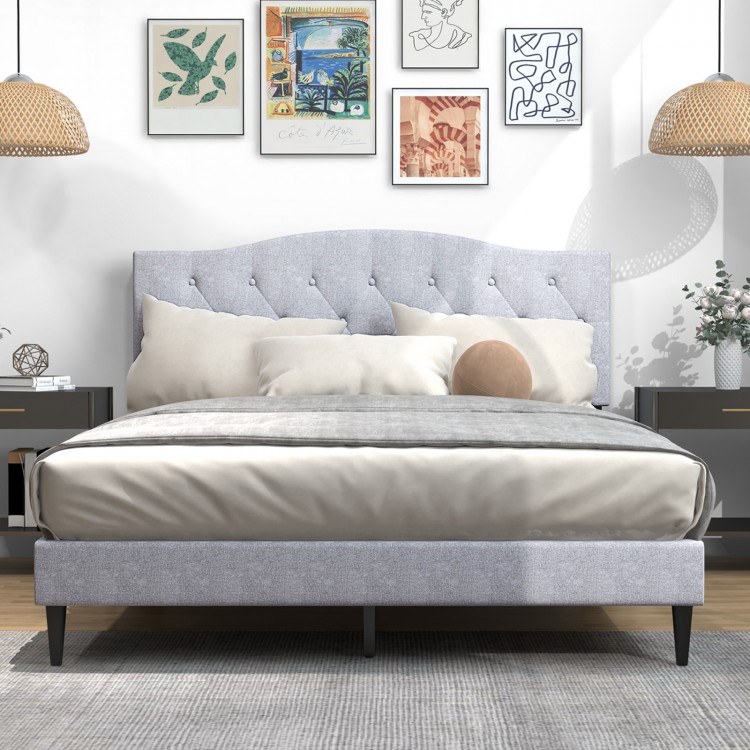 Queen size upholstered platform bed with button tufted headboard, featuring durable linen fabric and under-bed storage.