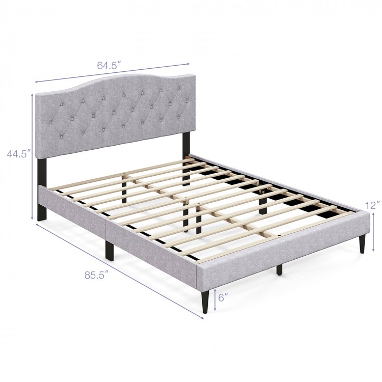Queen size upholstered platform bed with button tufted headboard, showcasing dimensions and solid rubber wood legs for.