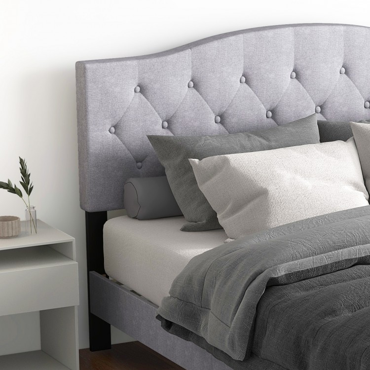 Queen size upholstered platform bed with button tufted headboard, featuring durable linen fabric and cozy pillows for.