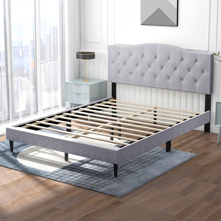 Queen size upholstered platform bed with a stylish headboard, featuring durable linen fabric and strong wooden slats.