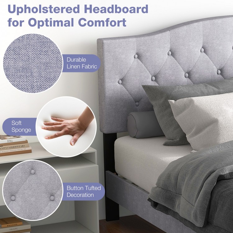 Queen size upholstered platform bed with button tufted headboard in durable linen fabric for optimal comfort and style.