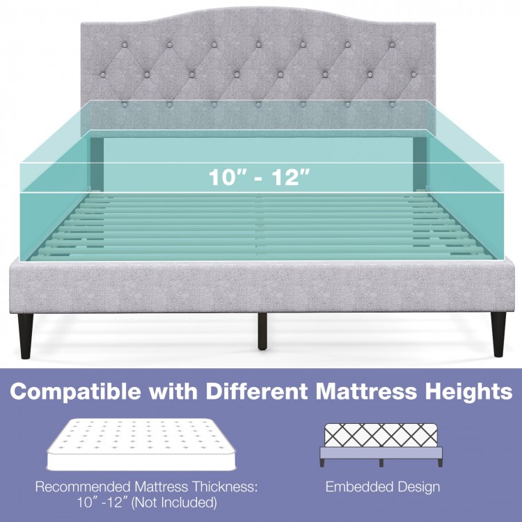 Queen size upholstered platform bed with button tufted headboard, compatible with 10"-12" mattress heights for optimal.