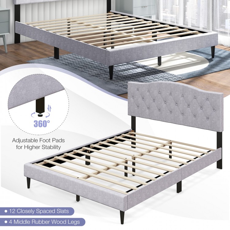 Queen size upholstered platform bed with button tufted headboard, featuring 12 slats and adjustable foot pads for.