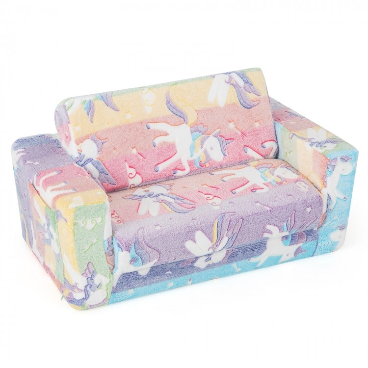 Colorful 2-in-1 flip-out kids sofa chair with flannel cover, glowing patterns, ideal for playroom or bedroom use.