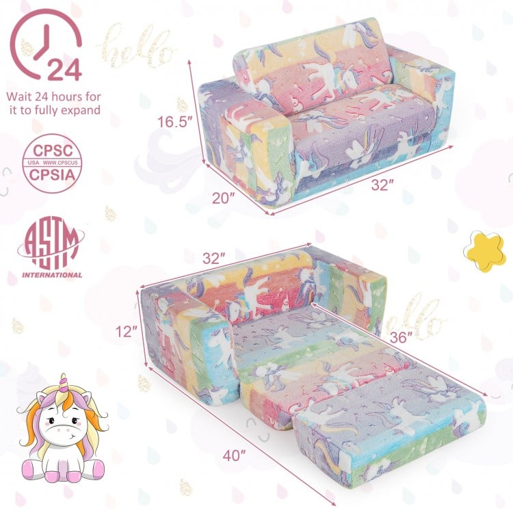 Colorful 2-in-1 flip-out kids sofa chair featuring a spacious backrest, soft sponge, and cute patterns, perfect for.