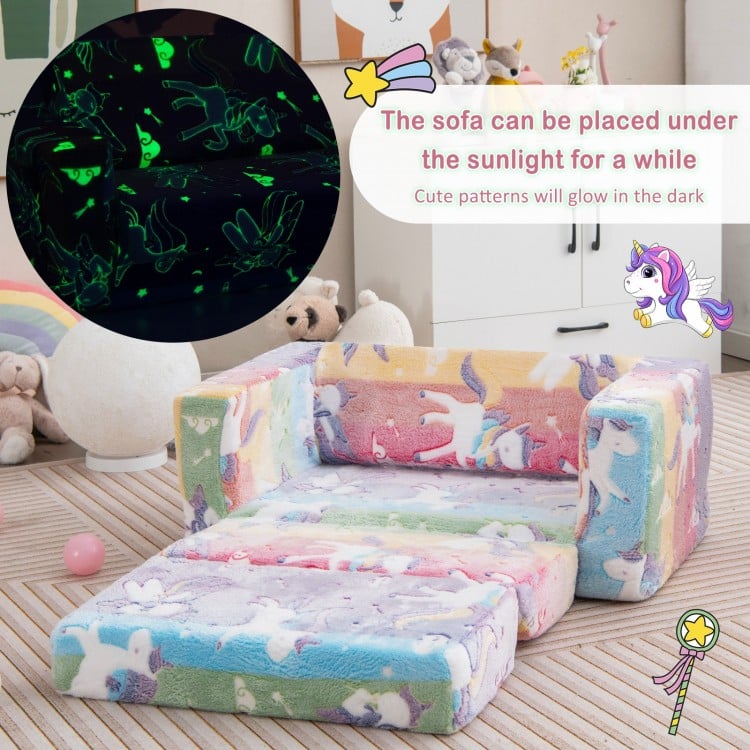 Colorful 2-in-1 flip-out kids sofa chair with glowing patterns, flannel fabric, ideal for playroom or bedroom use.