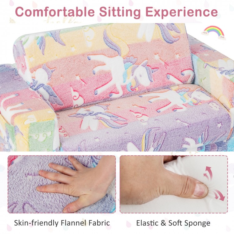 Colorful 2-in-1 flip-out kids sofa chair with flannel fabric, soft sponge, and glowing patterns for playroom comfort.