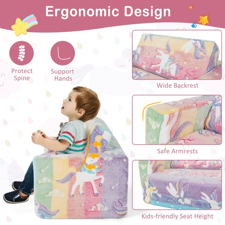 Kids sofa chair with ergonomic design, flannel fabric, and glowing patterns, perfect for playrooms and bedrooms.