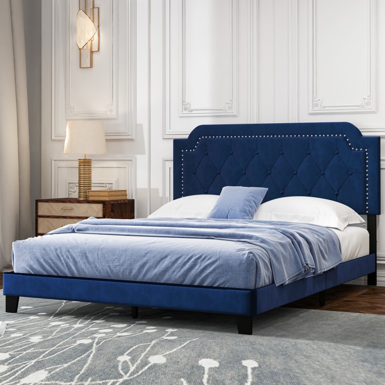 Queen size velvet bed frame with button tufted headboard and nailhead trim, ideal for stylish bedroom decor.