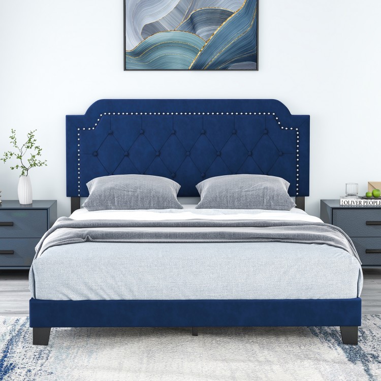 Queen size velvet bed frame with button tufted headboard and nailhead trim, ideal for bedroom or guest room decor.