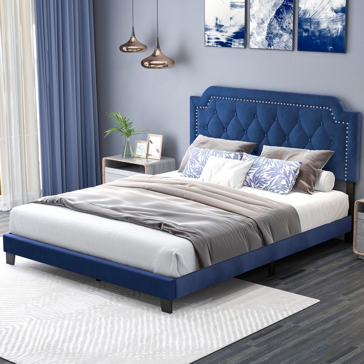 Queen size velvet bed frame with button tufted headboard and nailhead trim, perfect for stylish bedroom decor.
