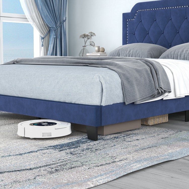 Queen size velvet bed frame with button tufted headboard and under-bed storage, ideal for bedrooms and guest rooms.
